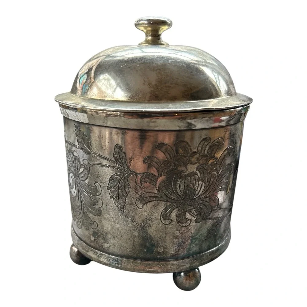 Reed & Barton SilverPlate covered  Jar #275 1/2  Floral engraved ball footed pot